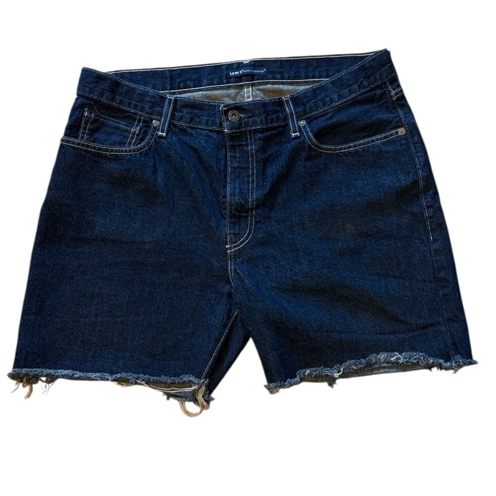 Womens Levis Flare Crop High Waisted Raw Hem Jean Shorts Dark Wash Denim Size 32